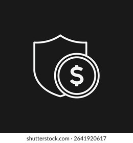 Money Shield with Dollar Sign Coin on Black Background, Representing Financial Security or Protection, White Outline Icon