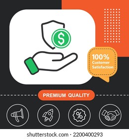 Money and shield in hand icon. With orange and black background.