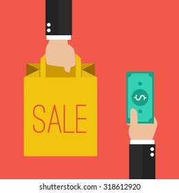 Money for shopping bag. Shopping concept