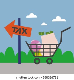 Money in shopping cart going to pay tax cartoon vector illustration