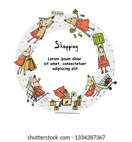 Money, shopping. Circus concept - dog-superheroes with shopping and gifts. Hand drawing for your design. For your advertising, t-shirts, mugs, websites, banners, postcards