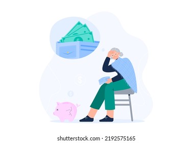 Money shortage concept. Bankruptcy, poverty in old age, debt, and economic crisis. An old woman thinks about money and pension fund. Vector flat illustration isolated on the white background.