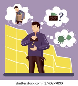 Money Shortage and Financial crysis concept. Depressed man thinking about money. Economic Crisis, Bankruptcy. Dismiss, layoff, fired. No money. Coronavirus crysis. Cartoon Flat vector illustration