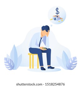 Money Shortage and Financial Problem concept. Depressed man thinking about money. Economic Crisis, Bankruptcy. Pressured office worker has a headache because of unpaid loans. Flat vector illustration