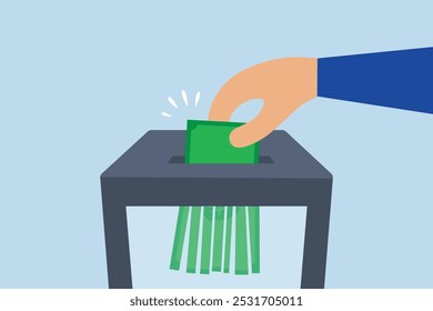 Money shred bad investment, businessperson is manually inserting banknotes into a shredder in order to destroy them, resulting in the loss of all their wealth.