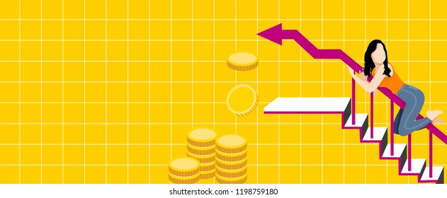 
Money sign with flat cartoon woman icon and gold coins sliding on Growing income graph arrow . Concept for financial vector illustration. Business and finance concept.
