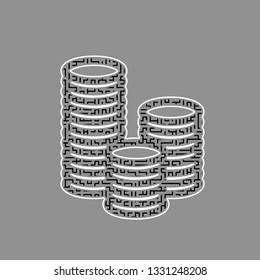 Money sign illustration. Vector. Black maze filled icon with white border at gray background.
