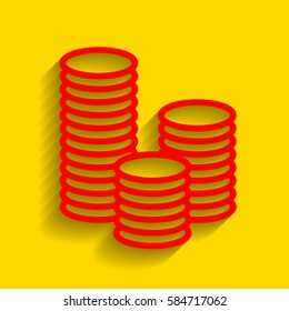 Money sign illustration. Vector. Red icon with soft shadow on golden background.