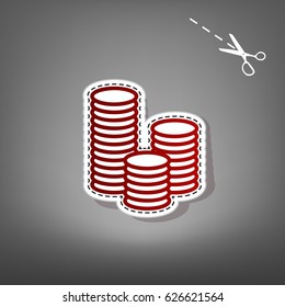 Money sign illustration. Vector. Red icon with for applique from paper with shadow on gray background with scissors.