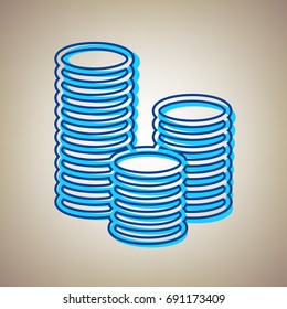 Money sign illustration. Vector. Sky blue icon with blue contour on beige background.