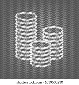 Money sign illustration. Vector. White knitted icon on gray knitted background. Isolated.