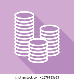 Money sign illustration. White Icon with long shadow at purple background. Illustration.