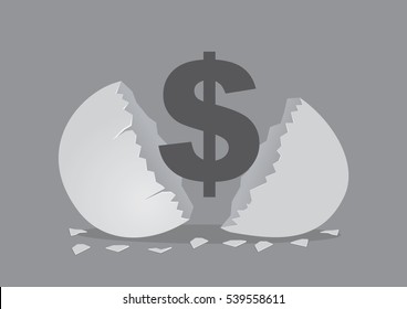 Money Sign Inside A Cracked Open Egg Shell. Creative Cartoon Vector Illustration For Concept On Money For Nest Egg Isolated On Grey Background
