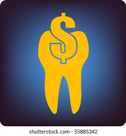Money sign inside a tooth - orange icon on blue background