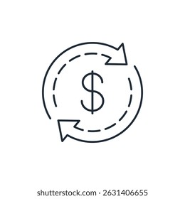 Money sign  and movement arrow with trajectory. Vector linear icon illustration isolated on white background.