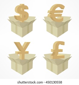 Money signs in open boxes on white vector illustration