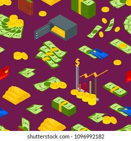Money Signs Seamless Pattern Background Isometric View Include of Coin, Dollar Stack, Graph, Plastic Credit Card, Wallet and Safe. Vector illustration