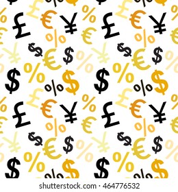 Money signs seamless pattern. Dollar, euro, Japanese yen, pound, percent symbols. Digital marketing and world financial market concept illustration for advertising. Vector illustration stock vector.