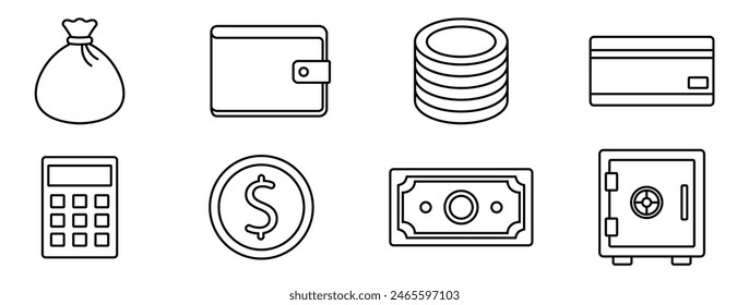 Conjunto de iconos de línea simple de dinero. Icono de conjunto de líneas relacionado con el Vector de ingresos y saldos.