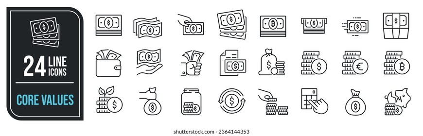 Los íconos de la línea delgada son mínimos. Dinero relacionado, moneda, cripto, canguro, efectivo. Ilustración vectorial. 