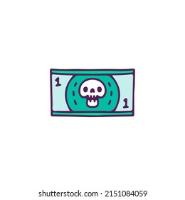 Money and skull, illustration for t-shirt, sticker, or apparel merchandise. With doodle, retro, and cartoon style.