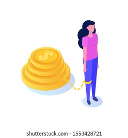 Money Slavery Concept. Business Woman Chained To Money Weight  With Shackles.  Vector Isometric Illustration.