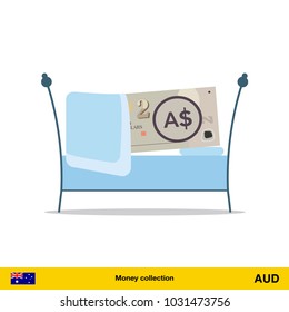 Money sleeping in the bed.  Australian dollar banknote.