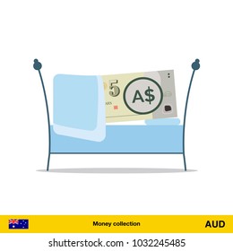 Money sleeping in the bed. Australian dollar banknote.