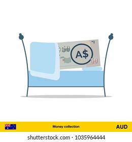 Money sleeping in the bed.  Australian dollar banknote.