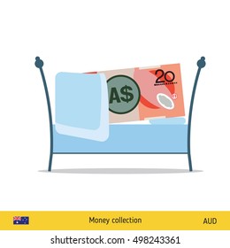 Money sleeping in the bed. Australian dollar banknote. 