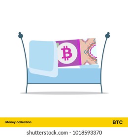 Money sleeping in the bed. Bitcoin banknote.