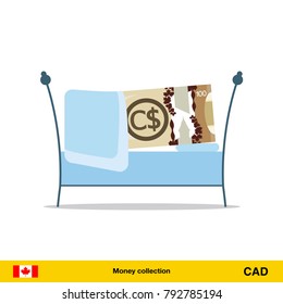 Money sleeping in the bed. Canadian dollar banknote.
