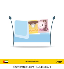 Money sleeping in the bed. Dirham banknote