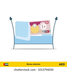 Money sleeping in the bed. Dirham banknote.