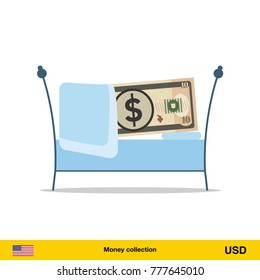 Money sleeping in the bed. Dollar banknote.