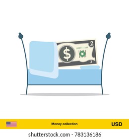 Money sleeping in the bed. Dollar banknote.