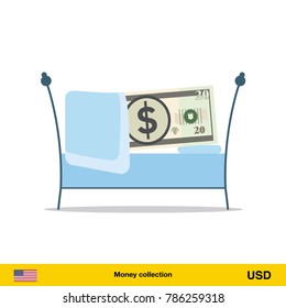 Money sleeping in the bed. Dollar banknote.