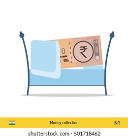 Money sleeping in the bed. Indian rupee banknote. 
