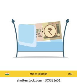 Money sleeping in the bed. Indian rupee banknote. 