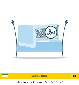 Money sleeping in the bed. Iranian rial banknote.