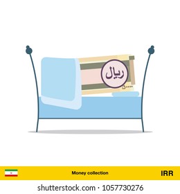 Money sleeping in the bed. Iranian rial banknote.

