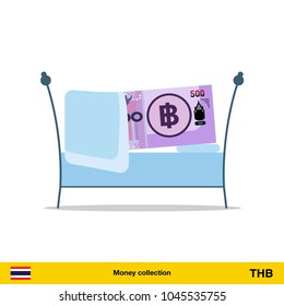 Money sleeping in the bed. Thai baht banknote.