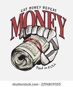 money slogan with fake teeth fangs and roll of money vector illustration