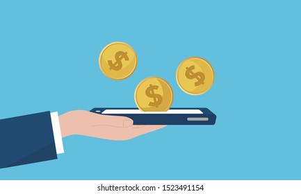 money and smartphone image,blue background,vector illustration
