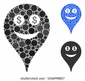 Money smiley map marker mosaic of filled circles in variable sizes and color tones, based on money smiley map marker icon. Vector small circles are grouped into blue mosaic.