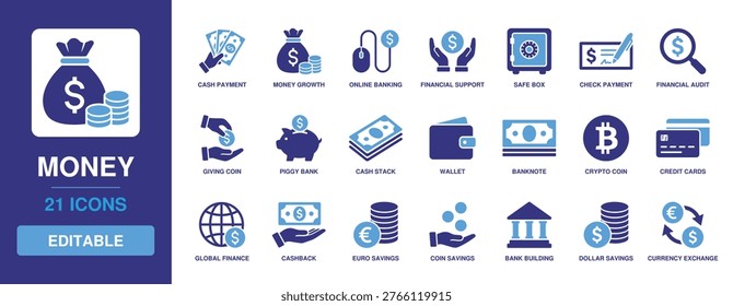 Money Solid Vector Glyph Icon Set featuring Cash Payment, Online Banking, Piggy Bank, Wallet, Credit Cards, Global Finance, and Currency Exchange for Financial and Banking Services.