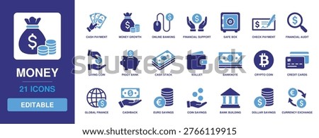 Money Solid Vector Glyph Icon Set featuring Cash Payment, Online Banking, Piggy Bank, Wallet, Credit Cards, Global Finance, and Currency Exchange for Financial and Banking Services.