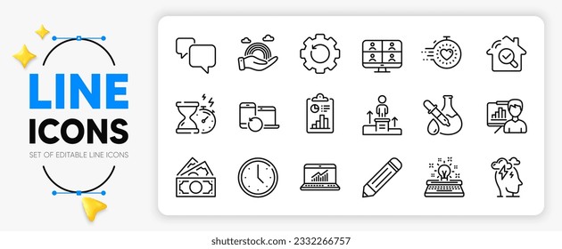 Money, Speech bubble and Business podium line icons set for app include Typewriter, Report, Stress outline thin icon. Lgbt, Video conference, Presentation board pictogram icon. Vector