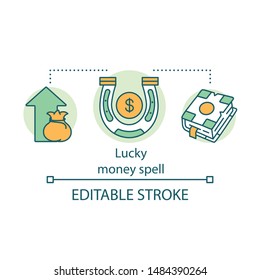 Money spell concept icon. Witchcraft and alchemy idea thin line illustration. Financial success elixir. Bag with arrow, magic horseshoe and spellbook vector isolated outline drawing. Editable stroke