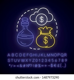 Money spell neon light concept icon. Witchcraft and alchemy idea. Glowing sign with alphabet, numbers and symbols. Cash bag, cloud and potion vector isolated illustration. Financial success elixir